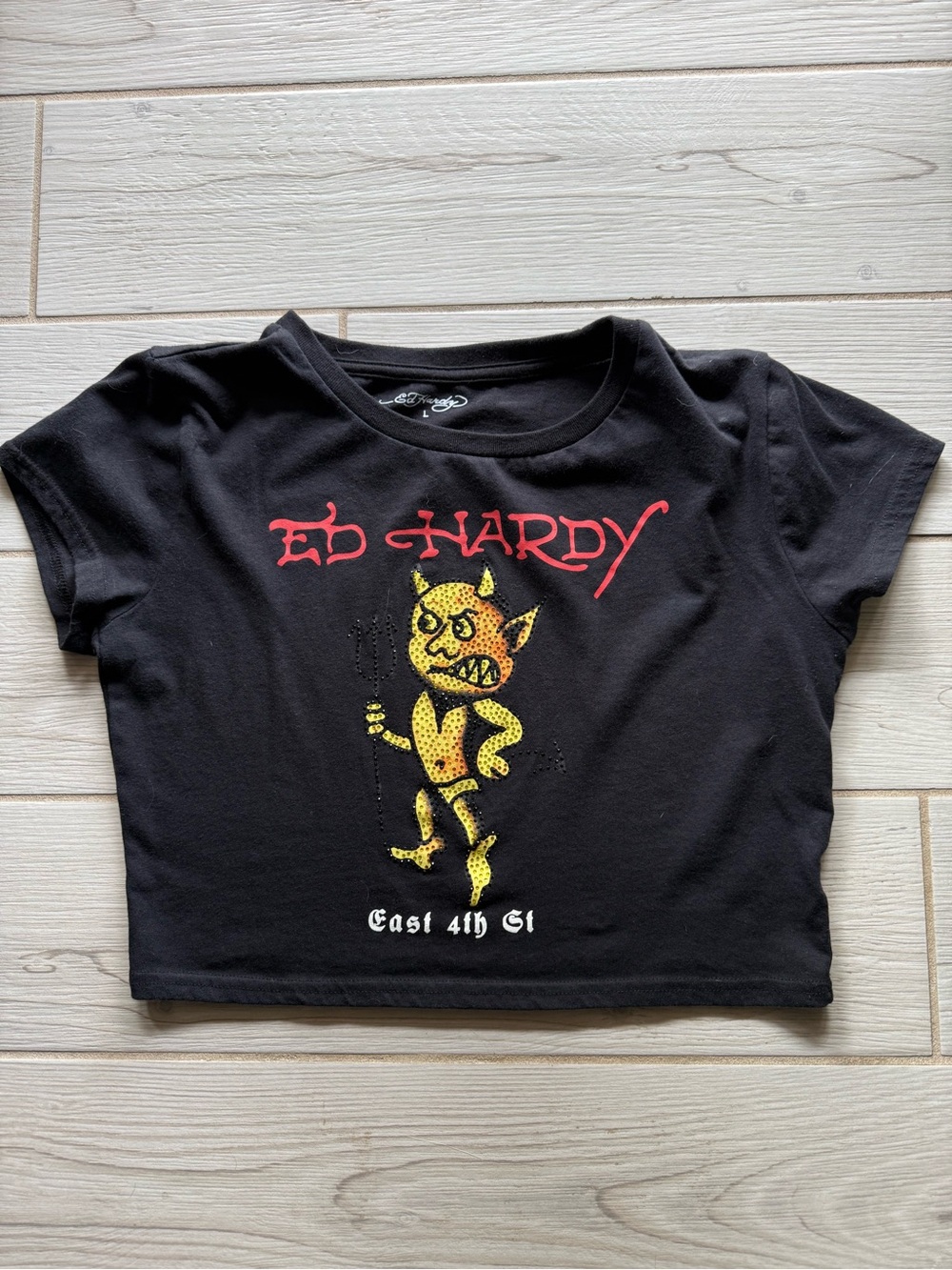 Ed Hardy Black Tee with Yellow Devil Graphic and Red Logo